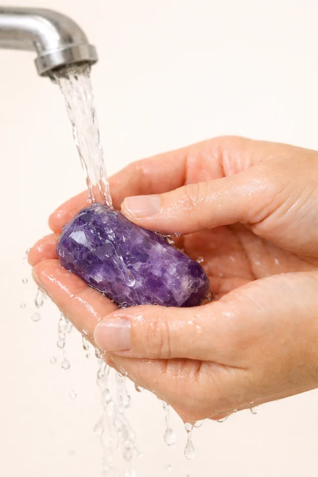 Edelstein wird unterm Wasser abgespült