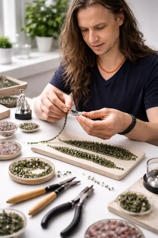 Edelsteine auf Kette auffädeln