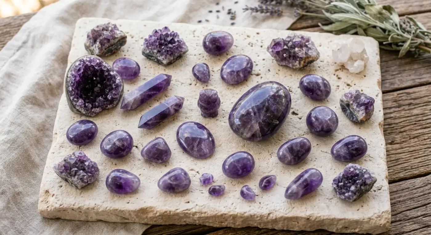 Sammlung verschiedener Amethyst-Edelsteine, darunter Trommelsteine arrangiert auf einer Travertin-Steinplatte, um ihre beruhigende Wirkung zu entfalten.