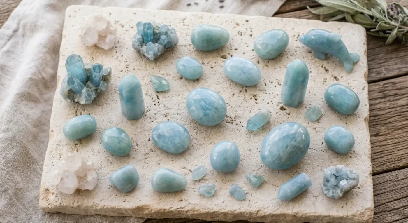 Eine Sammlung von Aquamarin-Edelsteinen in verschiedenen Formen, die auf einer Travertin-Steinplatte ruhen, um ihre beruhigende Wirkung zu entfalten.