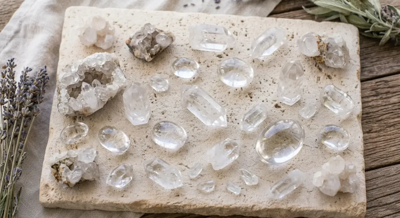 Sorgfältig arrangierte Sammlung von Bergkristall-Heilsteinen, darunter Rohkristalle und Trommelsteine, auf einer hellen Steinplatte, um ihre klärende Wirkung zu präsentieren.