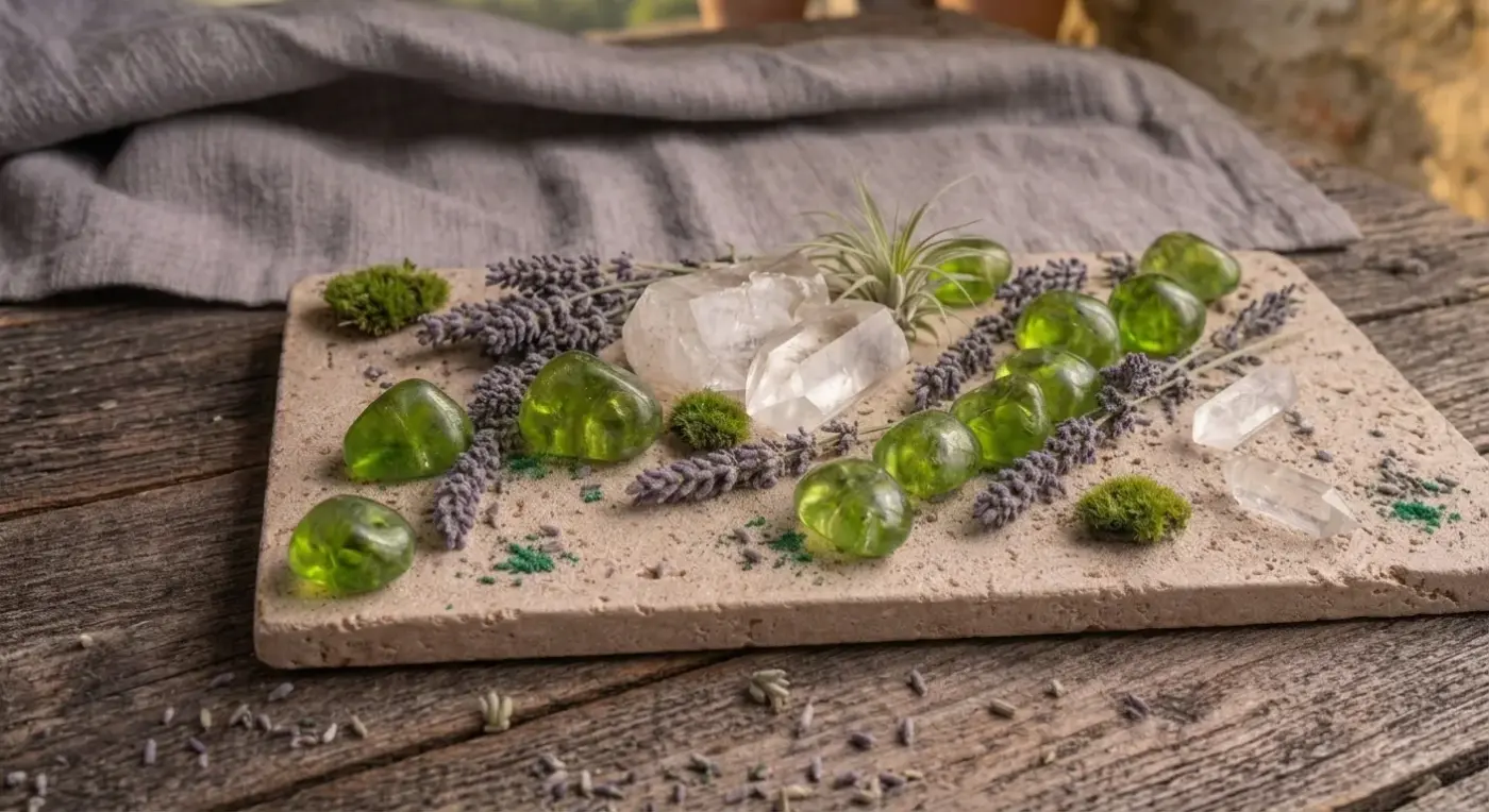 Meditations-Set zur Entfaltung der Wirkung von Peridot-Heilsteinen und Bergkristall, dekoriert mit Lavendel auf einer Travertin-Platte vor einer toskanischen Landschaft.