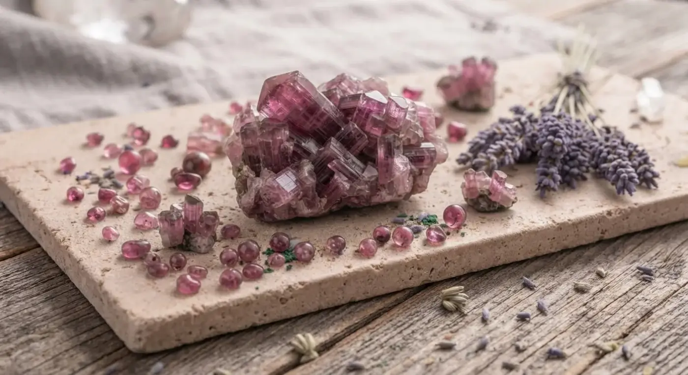 Arrangement aus Pink Turmalin Kristallen und kleinen Trommelsteinen auf einer rustikalen Travertin-Steinplatte, dekoriert mit Lavendelzweigen, hochwertige Produktfotografie mit beruhigender Wirkung.