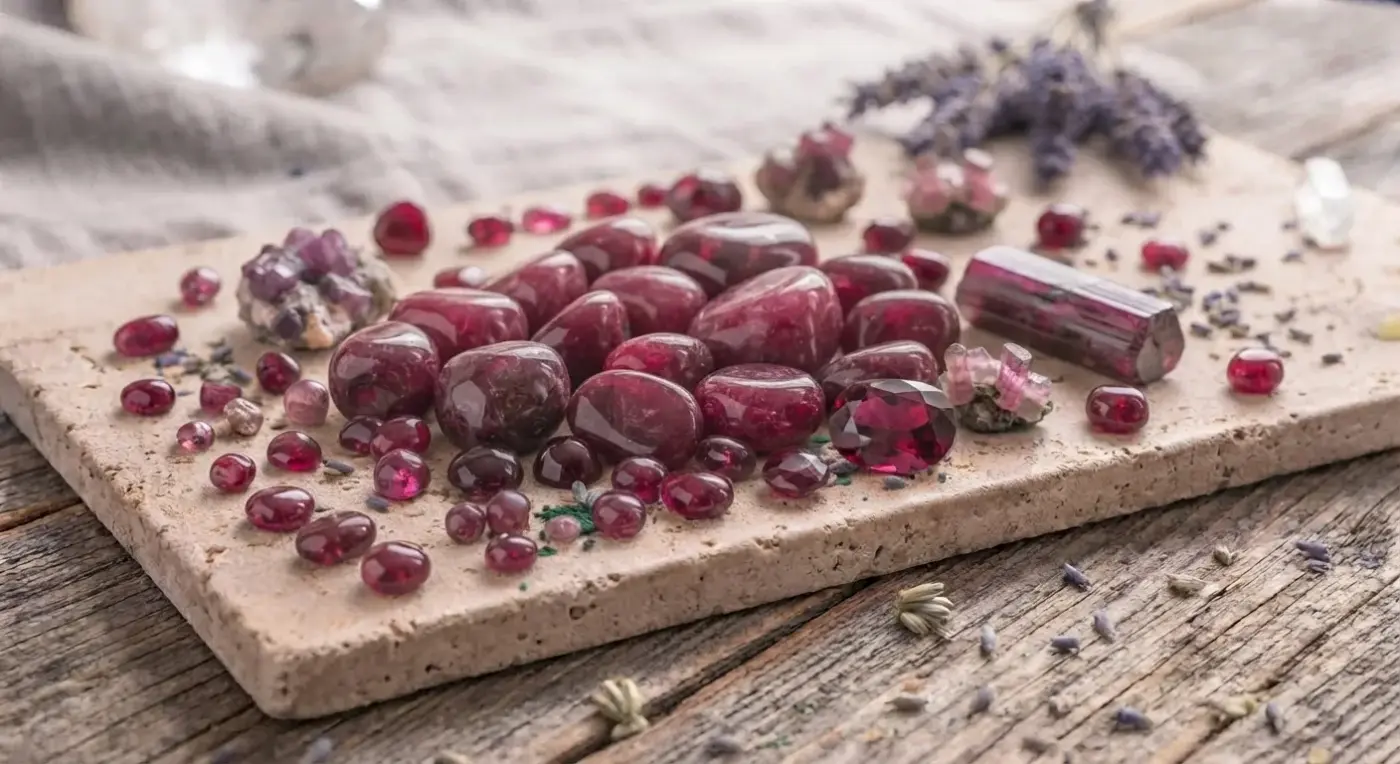 Detailaufnahme einer reichhaltigen Kollektion aus tiefroten Rubin-Trommelsteinen, facettierten Edelsteinen und Rohkristall-Clustern, arrangiert auf einer rustikalen Travertin-Steinplatte mit Lavendel, die eine kraftvolle und erdende Wirkung entfaltet.