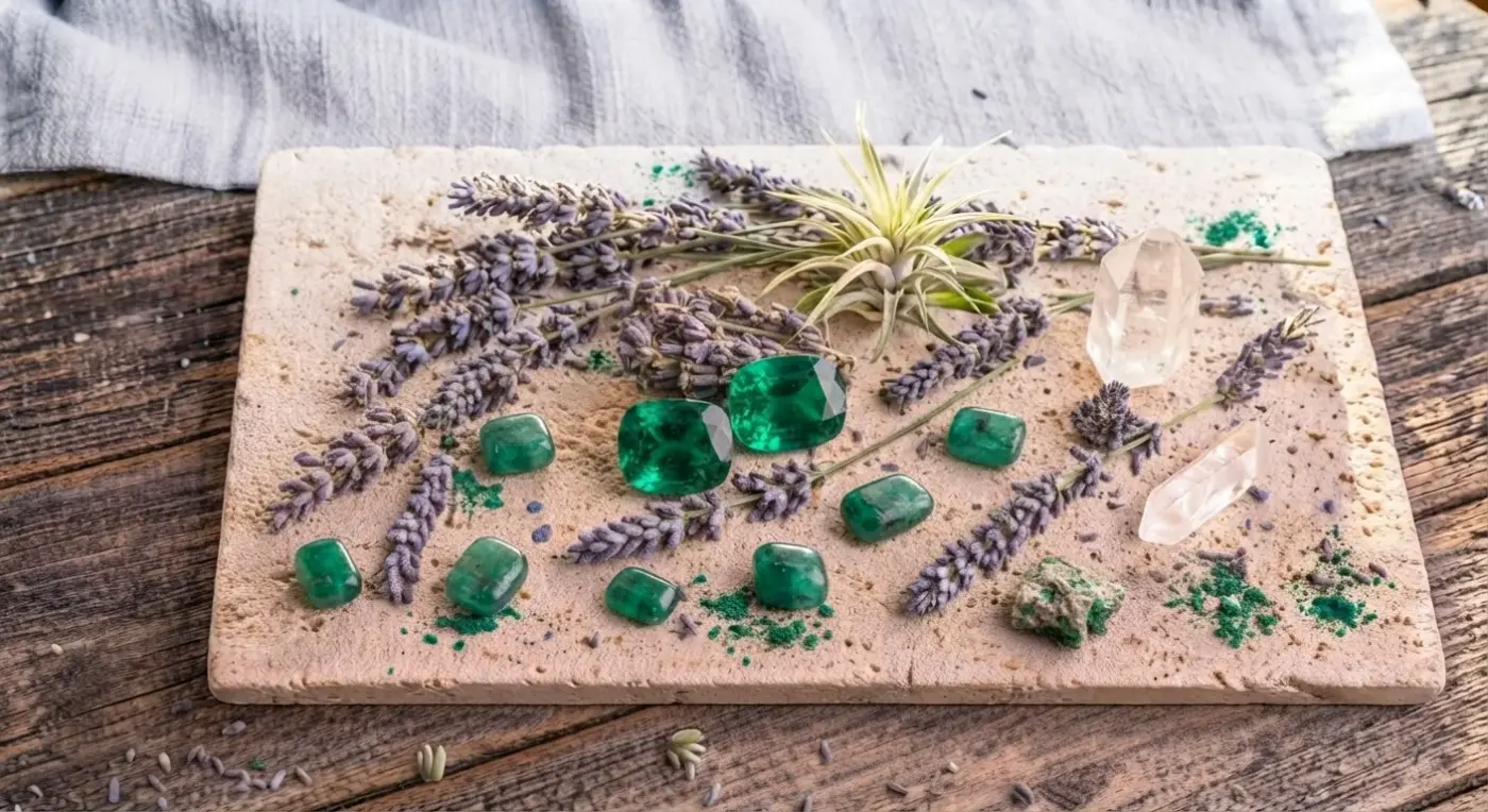 Exquisite Kollektion aus zwei großen, facettierten Smaragden und mehreren kleinen Trommelsteinen, arrangiert auf einer rustikalen Travertin-Steinplatte mit Lavendelzweigen und Bergkristallspitzen, die eine erfrischende und harmonisierende Wirkung entfaltet.